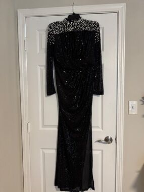 Black Beaded Long Sleeve Evening Gown